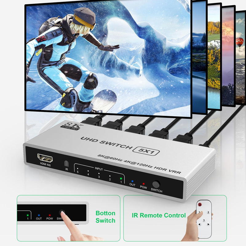 5 Port HDMI 8K Switch with Remote, HDMI 2.1 Switch 4K@120Hz 8K@60Hz HDMI Switcher Splitter 5 in 1 Out, 48Gbps, HDR10+, HDCP 2.3 CEC VRR, for PS5/PS4, Xbox X, TV