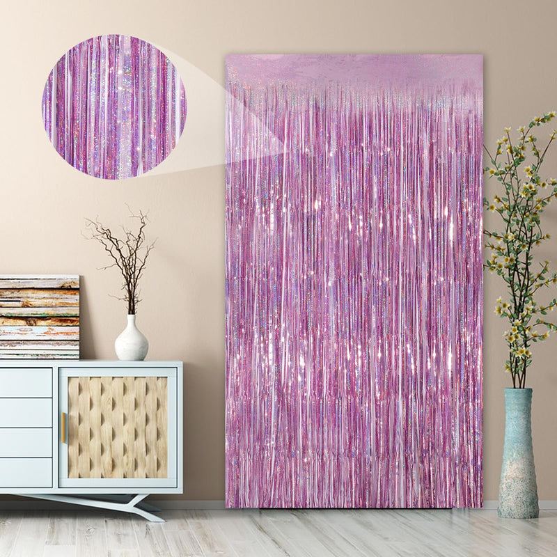 Glitter Pink Party Streamers 2Pack Glitter Foil Fringe Curtain 3.3 x 8.3ft Pink Party Decor Photo Booth Streamers Metallic Tinsel Door Streamer for XmasThanksgiving Engagement Party Decors Streamers Laser Pink Streamer