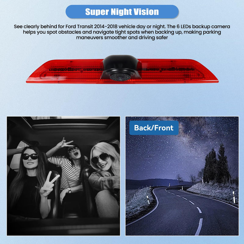 Brake Light Backup Camera for Ford Transit 2014-2018, 140° Wide Angle Wired Rear View Camera with IP67 Waterproof, Night Vision, 720P HD, PAL Signal, Parking Assist for Van Truck