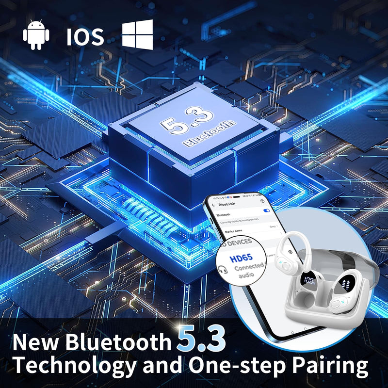Aptkdoe 2 Sets Wireless Earbuds Sport, Bluetooth 5.4 Over Ear Buds Stereo Deep Bass Over Ear Bud with Earhooks, 75H Wireless Earphones with Mic, IPX7 Waterproof Earphone for Sports Blue+White