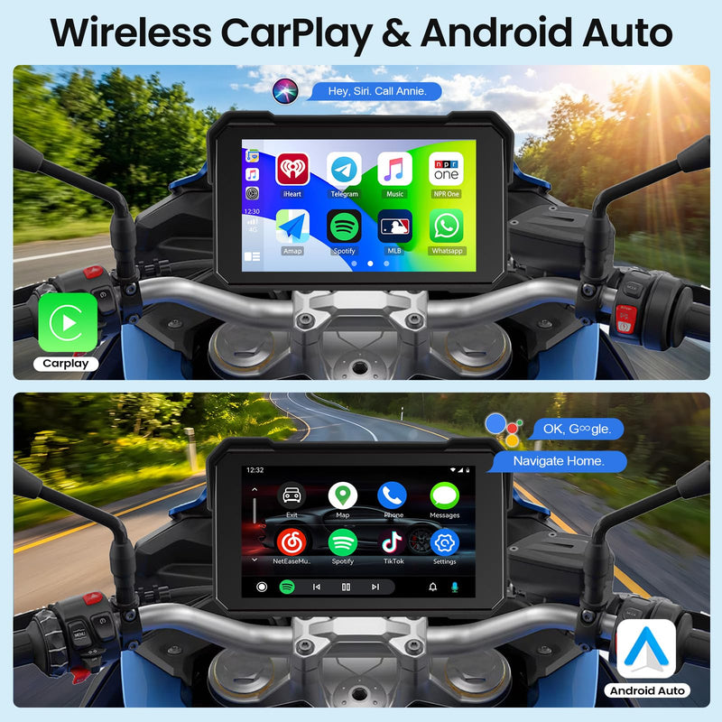 SIXTOP Motorcycle CarPlay Screen with Wireless Apple CarPlay Android Auto, IP68 Waterproof Touch Screen 5 inch GPS Navigation Carplay para Moto, Bluetooth, Siri Google Voice Control