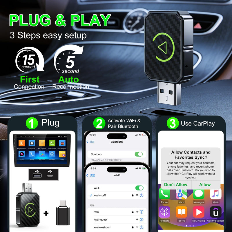 2in1 CarPlay Adapter for iPhone Android, USB Cable Low Delay iOS10+ | 2-in-1 for iPhone and Android, Ultra Low Delay, Built-in USB Cable, Auto Reconnect