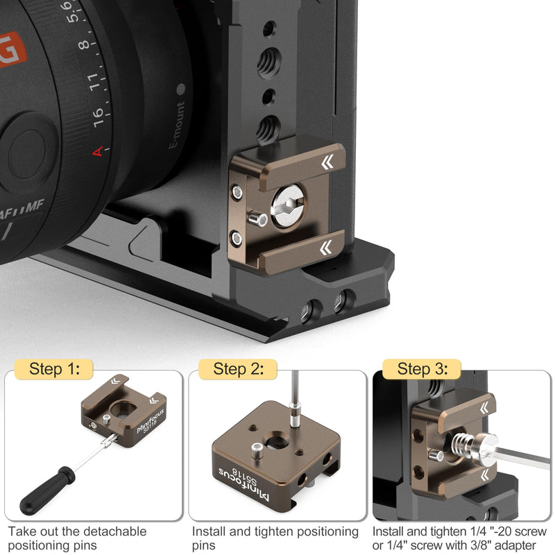 MINIFOCUS Cold Shoe Mount(4 Pcs), 1/4"-20 Screw with Locating Pins Compatible for ARRI Standard Mounting Points, with 3/8"-16 Adapter for Camera Cage Flash LED Monitor Microphone Sienna 4 PCS