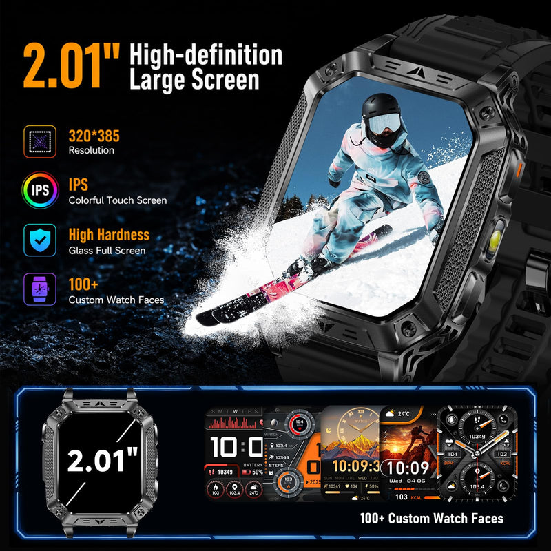 KPEP Smart Watches for Men, 2 Flashlight & 100 Days Battery Life | IP68 Waterproof 2.01'' Military Smart Watch with Sleep/SpO2/Heart Rate Monitor/Step Tracker, Sport Smartwatch for Android iOS