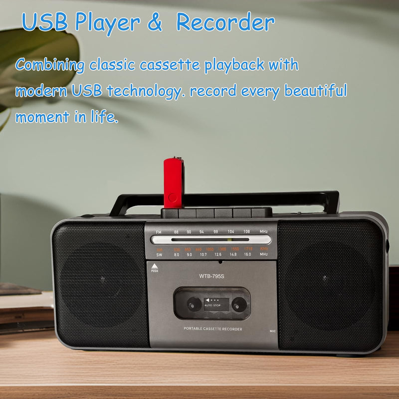 Portable Cassette Tape Player Recorder,AM/FM/SW Radio Stereo with Bluetooth,USB/SD, Big 10W Speaker,Record to Cassette/U Disk/SD Card via Mic, MP3 Converter, Earphone Jack,AC/DC Powered Black