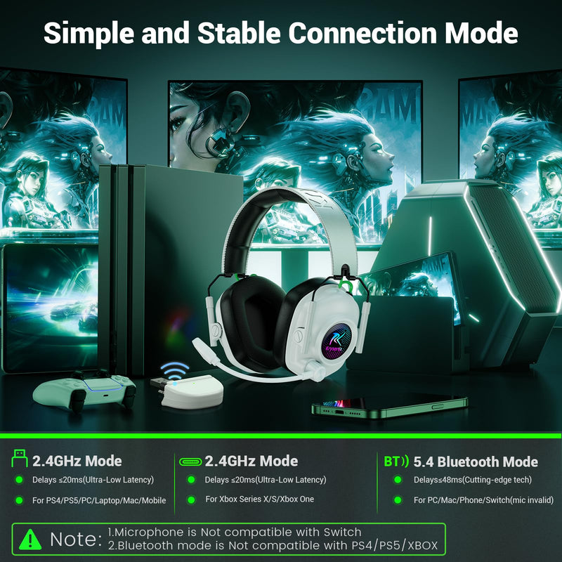 [AUSTRALIA] - Wireless Gaming Headset for Xbox Series X|S, Xbox One, PC, PS5, PS4, Mac, Switch, 2.4 GHz Wireless & Bluetooth 5.4 Gaming Headphones with Noise Canceling Microphone, 50Hr Battery, 50mm Drivers-White White 