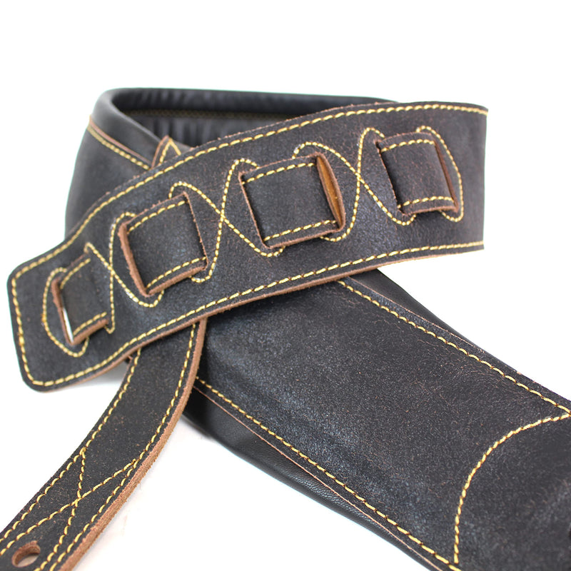 Walker And Williams C-22-DBLK Distressed Black Finish Extra Wide Double Padded Premium Thick Top Grain Leather Guitar Strap For Acoustic, Electric, And Bass Guitars