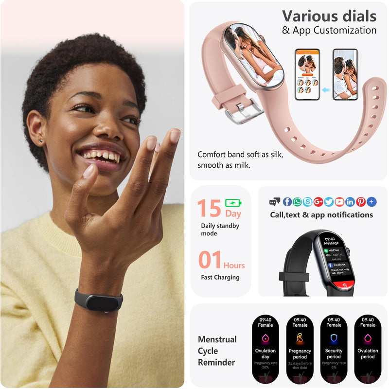 FITVII Slim Fitness Tracker AMOLED with Blood Oxygen, Blood Pressure, 24/7 Heart Rate and Sleep Tracking, IP68 Waterproof Activity Trackers and Smart Watches with Step Tracker, Pedometer for Women Men