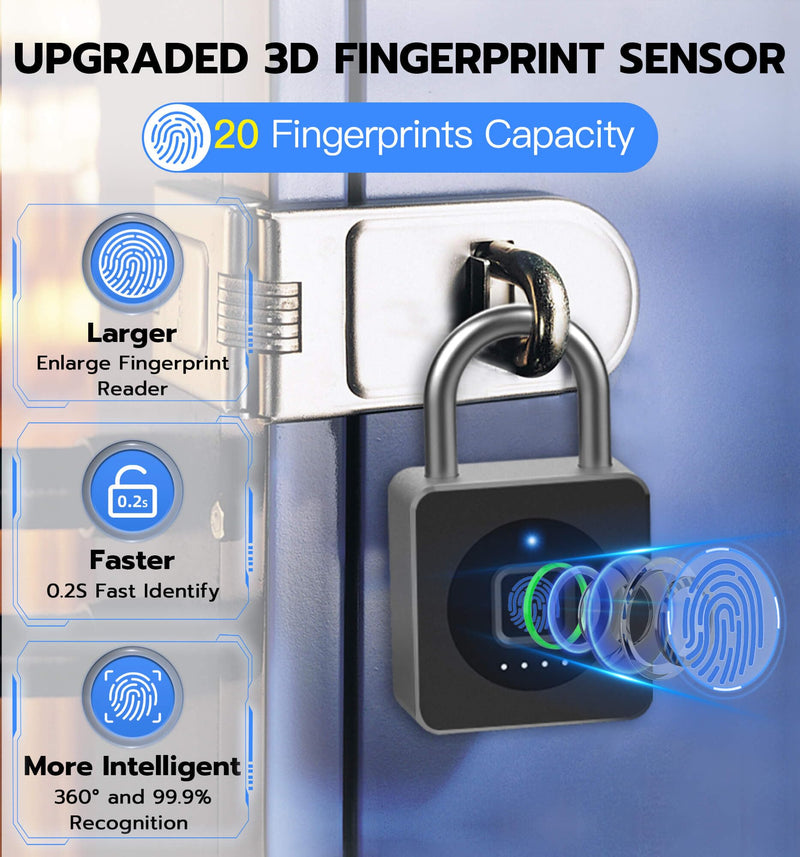 eLinkSmart Fingerprint Gym Locker Lock, Keyless Biometric Padlock, Weatherproof Electronic Digital Smart Combo Pad Lock for Outdoor Fence Gate Storage Fridge Helmet Ski Pool Shed (Black, with Cable) Black, with Cable