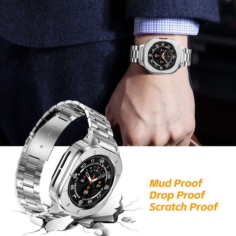 SUPLINK for Galaxy Watch Ultra Bands/Galaxy Watch Ultra 2 Band 47mm for Men | Stainless Steel Rugged Case with Bands Protective Bumper for Samsung Galaxy Watch Ultra 2/1 Accessory (2026/2025/2024), Gold Silver-2 47mm(Galaxy Watch Ultra)