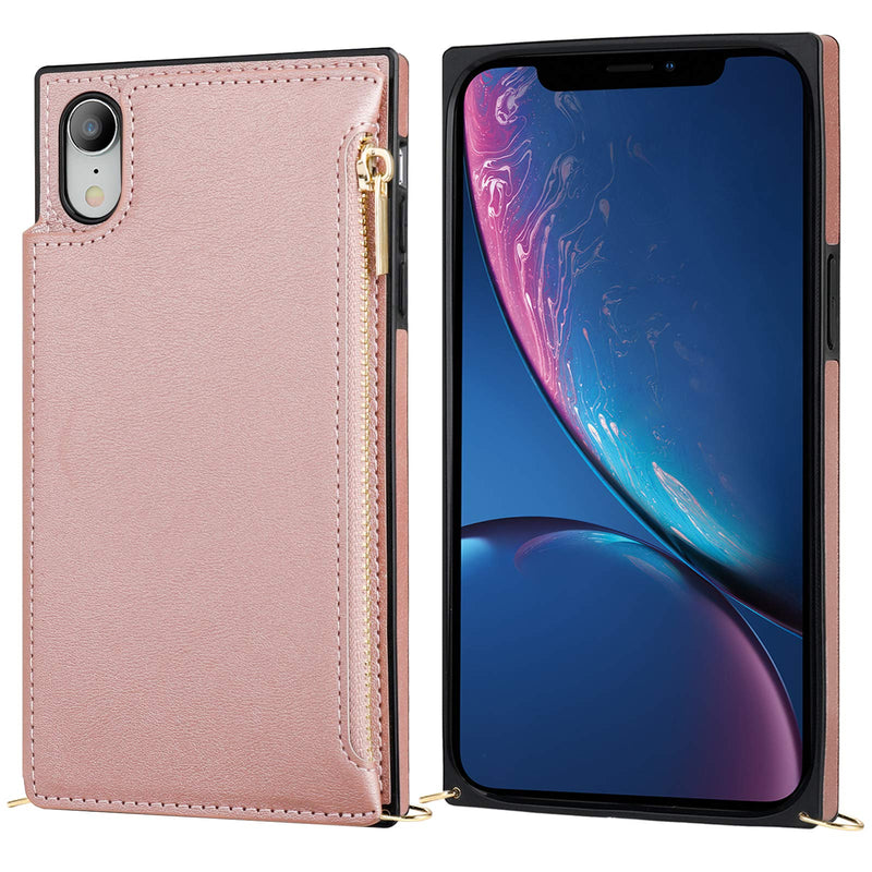[AUSTRALIA] - Bocasal Crossbody Wallet Case for iPhone Xr with Card Holder,Zipper Card Slot Protector Shockproof Purse Cover with Removable Cross Body Strap 6.1 Inch(Rose Gold) Rose Gold For iPhone Xr 6.1 inch display 