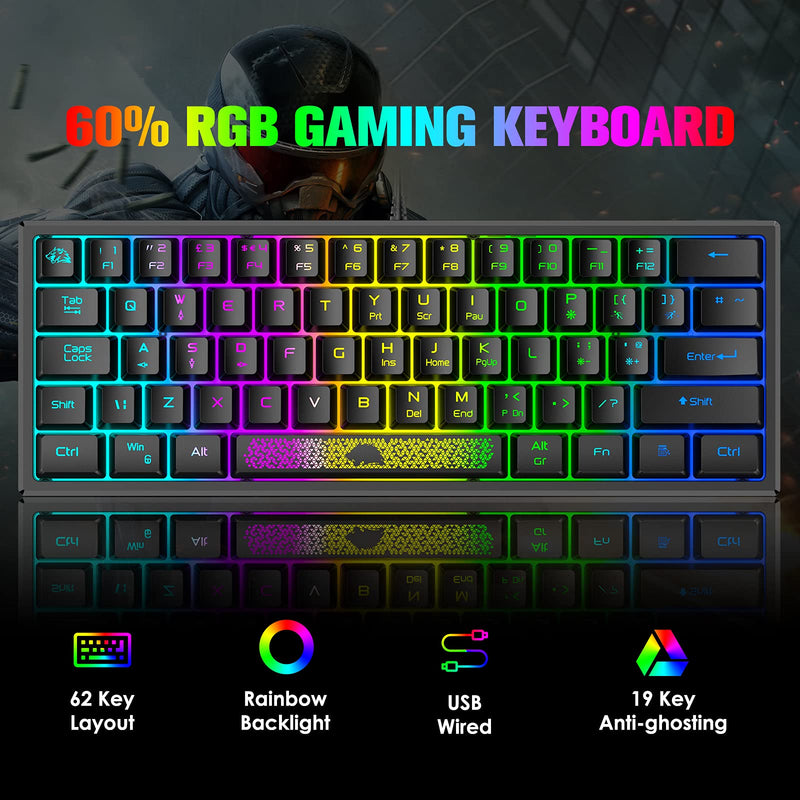 ZIYOU LANG K61 60% Gaming Keyboard Mini Portable with Rainbow RGB Backlit Ergonomic 62Key Layout 19Key Anti-ghosting Mechanical Feel Waterproof USB Wired for PC Mac Windows Gamer Laptop Typists(Black) Black