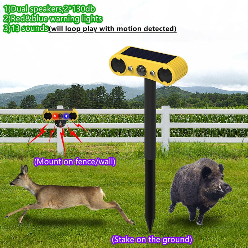 [AUSTRALIA] - HULPPRE Solar Outdoor Motion Sensor Alarm-13 Sounds Including Dog Barking&Gunshot,2*130db Loud Noise Maker,4 Modes,Red&Blue Motion Activated Strobe Light,Say Goodbye to The Intruders 4 modes,13 sounds outdoor alarm 