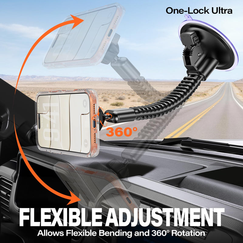 A2C One-Lock Ultra Off-Road Truck Phone Mount Heavy-Duty Phone Holder | Magnetic Alignment with Automatic Dual-Latch Locking System, One-Hand Quick Release, 4.33" Heavy-Duty Vacuum Suction Cup