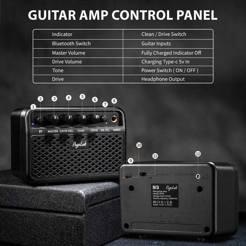 Mini Guitar Amp, 5W Small Portable Electric Guitar Amplifier, Clean & Drive Effects 2 Channels, Rechargeable Bluetooth Speaker with Headphone Jack, for Daily Practice (Black) Black