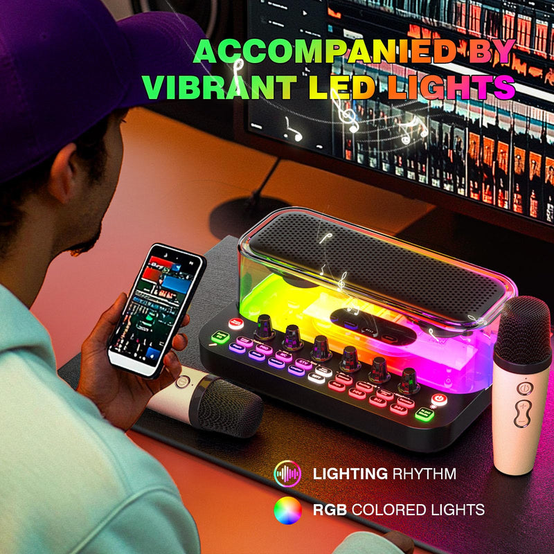 SY11 Portable Live Streaming Sound Card Mixer, Mini Bluetooth Karaoke Machine w/ 2 Wireless Microphone, RGB Lights & Voice Change Sound Effects, Easy Set up Bluetooth Audio Podcast Equipment for PS5 SY11