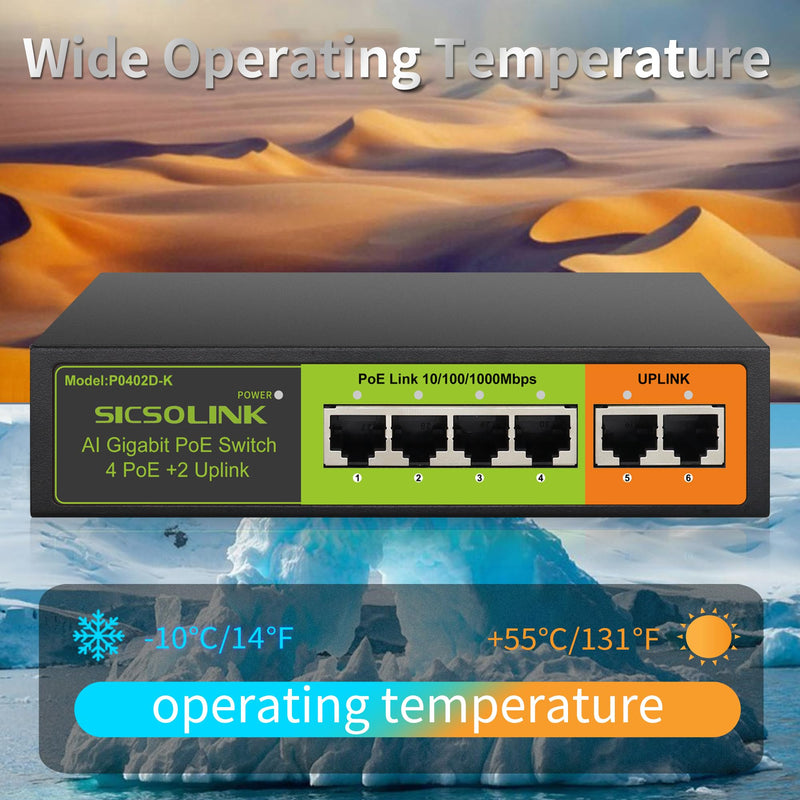 6-Port Gigabit PoE+ Switch, 4 PoE+ Ports & 2 Gigabit Uplink | 65W Total Power, 30W Per Port, IEEE 802.3af/at, Unmanaged Fanless Metal Housing Black 6 Port | 4*PoE+ (1000Mbps)
