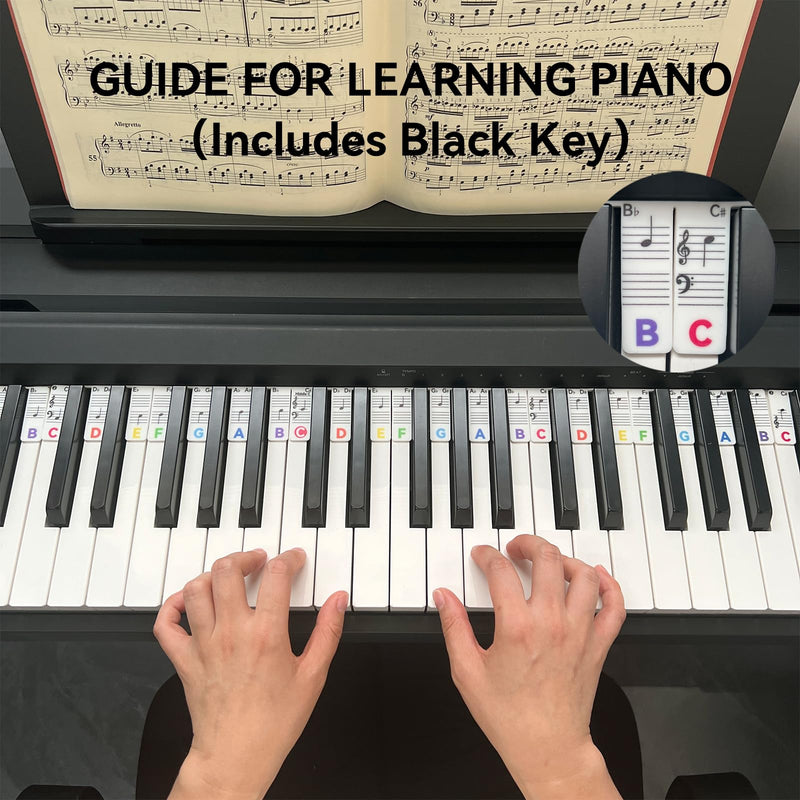 Piano Note Strips with Black Keys, Fit 88/76 Key Piano Keyboard Learning, Removable Piano Key Stickers 88Key-Rainbow