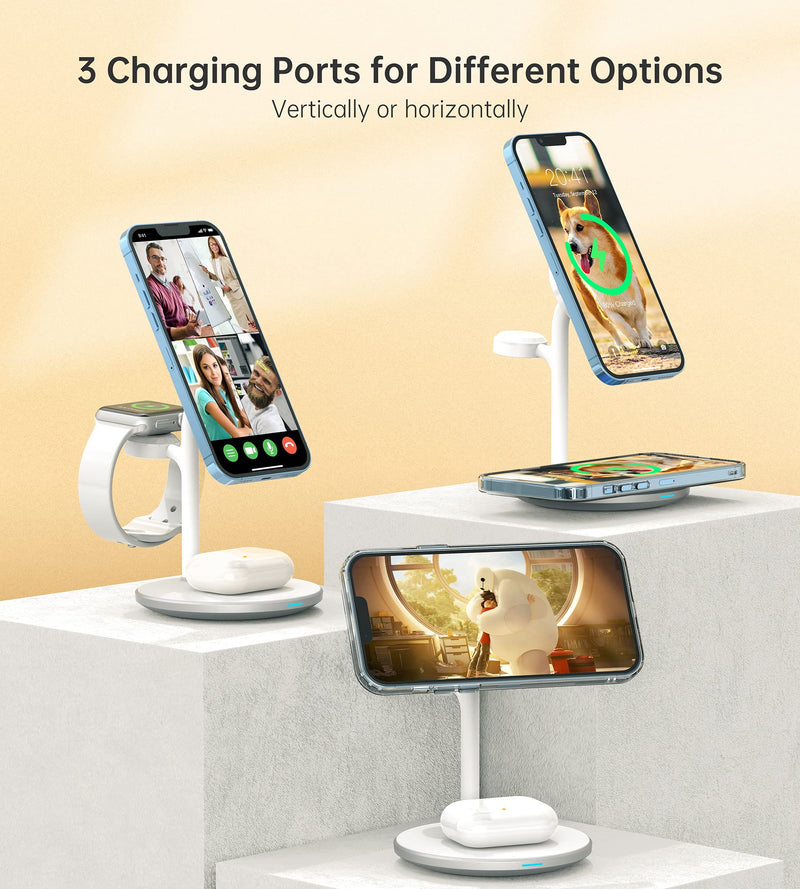 3 in 1 Wireless Charging Station for Multiple Devices, 15W Fast Wireless Mag-Safe Charger Stand for iPhone 14 13 12 Pro Max/Plus/Pro/Mini, Mag Charger for iWatch Ultra/8/7/SE/6/5/4/3/2, AirPods White
