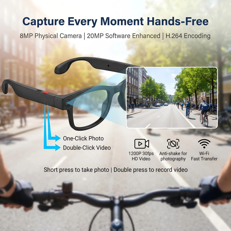 AI Smart Glasses with Voice Assistant & 1080P Camera, Bluetooth Audio & Real-Time Translator; with Anti-Shake Video, Magnetic Charging, Interchangeable Lens, Hands-Free Calling & Music