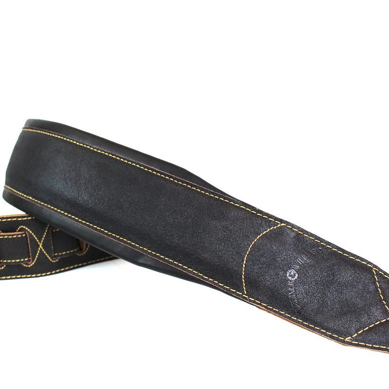 Walker And Williams C-22-DBLK Distressed Black Finish Extra Wide Double Padded Premium Thick Top Grain Leather Guitar Strap For Acoustic, Electric, And Bass Guitars