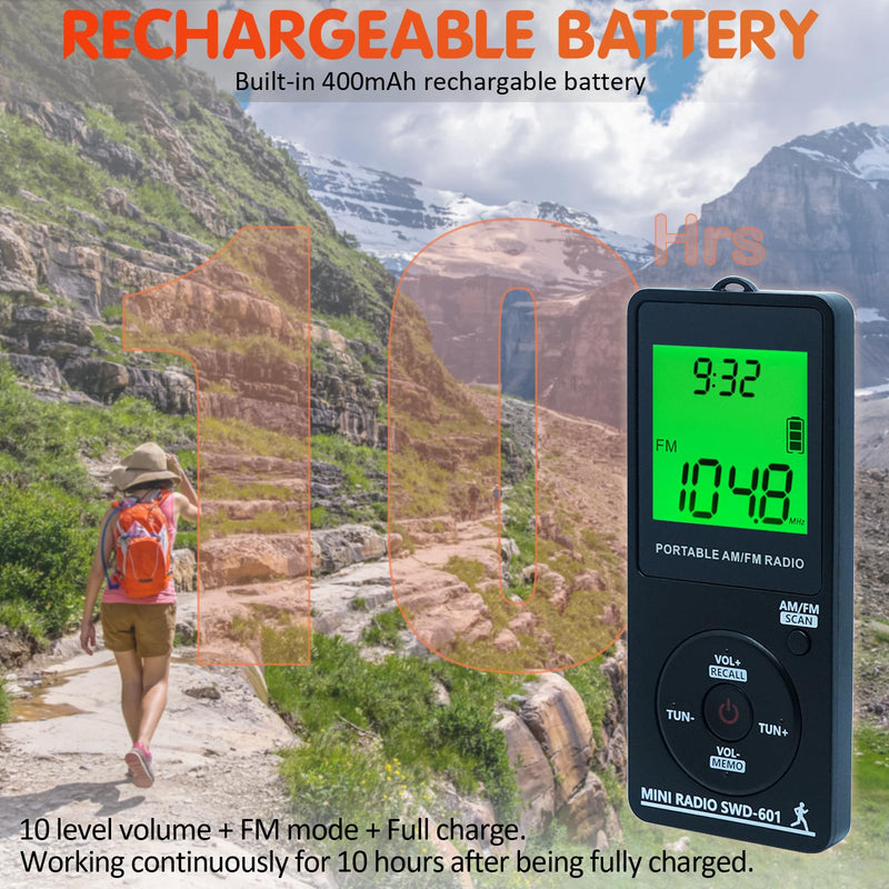[AUSTRALIA] - AM/FM Personal Portable Mini Radio with Digital Tuning LCD Display and Backlight Time, SWDSTP Rechargeable Pocket Radio with Earphone and Belt Clip for Walking, Jogging 