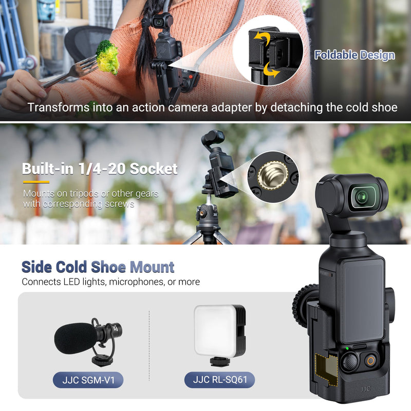 JJC 3-in-1 Expansion Adapter for DJI Osmo Pocket 3 and Xtra Muse, Tripod Mount Hot Shoe Camera Extender Converter, 1/4-20 Stick Handle Bracket Accessories, with Action Camera Port & Cold Shoe Holder For DJI Osmo Pocket 3, 3-in-1 Adapter