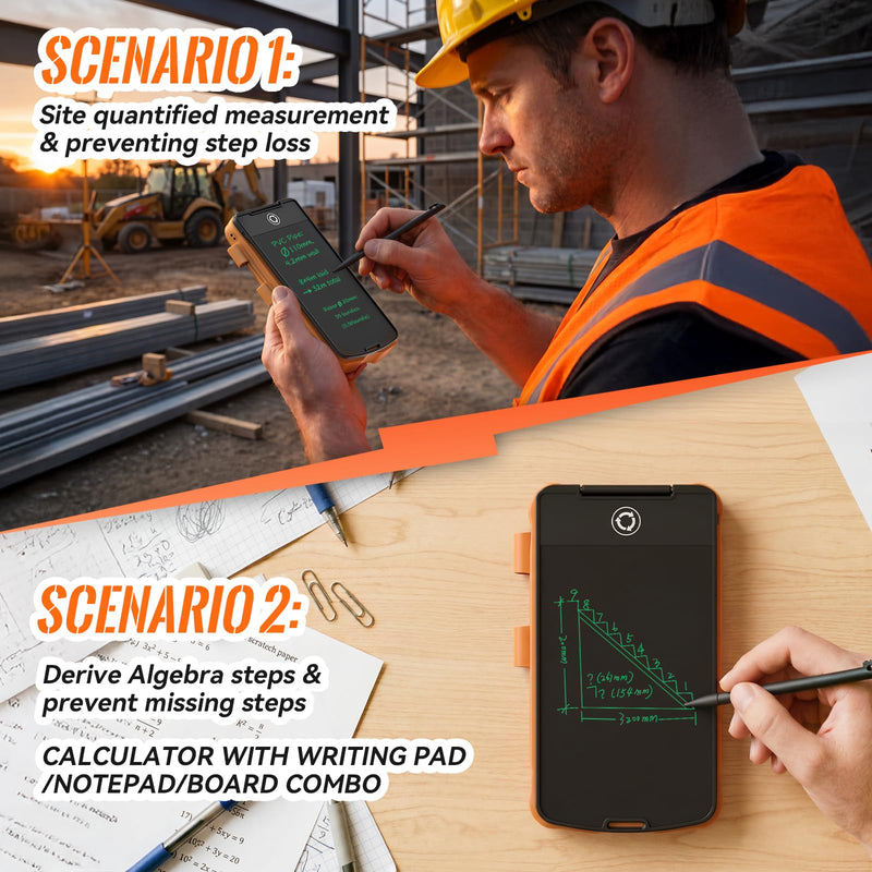 Construction Calculator Engineering Calculator with Writing Tablet | Professional Math Tool for Contractors, Carpenters, Feet-Inch-Fraction Converter with Sturdy Protective Cover Gray Orange Construction Calculator with Writing Tablet