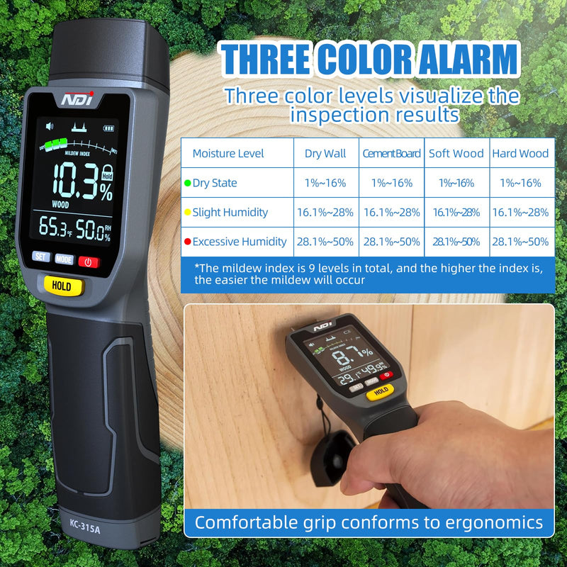 NDI 4 in 1 Pin Moisture Tester, Digital Water Tester, Wood Moisture Meter, Backlit LCD Display Automatic Alarm, Low-battery Indicator, Calibration & HOLD Button for Wood Firewood Lumber Floors