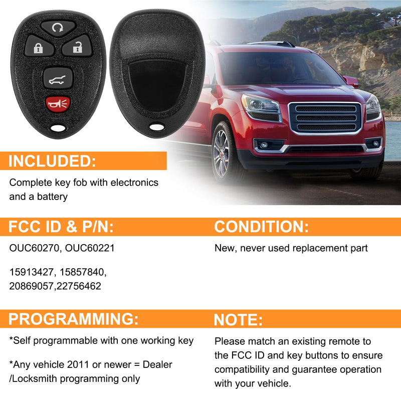 Key Fob, Keyless Entry Remote Start Control Replacement Fits for GMC Acadia 2007-2016 Yukon XL/Chevy Suburban Tahoe Traverse/Cadillac Escalade SRX/Buick Enclave FCC ID: OUC60270, OUC60221, 15913415 5-BTN