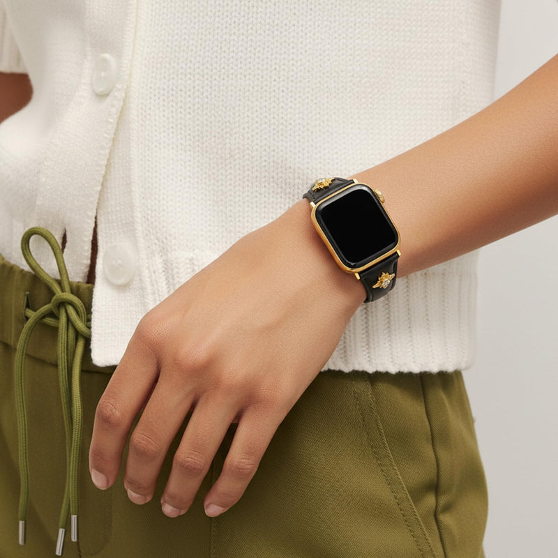 Flower Genuine Leather Watch Band for Women Compatible with Apple Watch 38/40/41/42/44/45/46/49mm, for iWatch 11/10/9/8/7/6/5/4/3/2/1 Ultra SE, Platinum/14ct Gold Plated Black & Gold 42(Series 3 2 1)/44/45/46/49mm