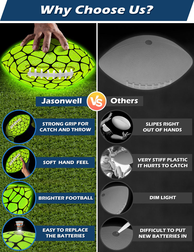 Jasonwell Glow in The Dark Football - Strong Grip Light Up Football Toy Stuff Gift Outdoor Sports Ball for Boys Kids Teen Junior Youth Adult Christmas Birthday Gifts for Ages 6-8 8-12 13+ Year Old No.9 Green