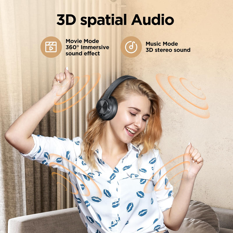 Hybrid Active Noise Cancelling Headphones 130H Wireless Over Ear Headphones | Bluetooth, Hi-Res Sound, Deep Bass, Spatial Audio, Dual Connection, Custom EQ via App, Comfortable Fit for Travel Home Office Black