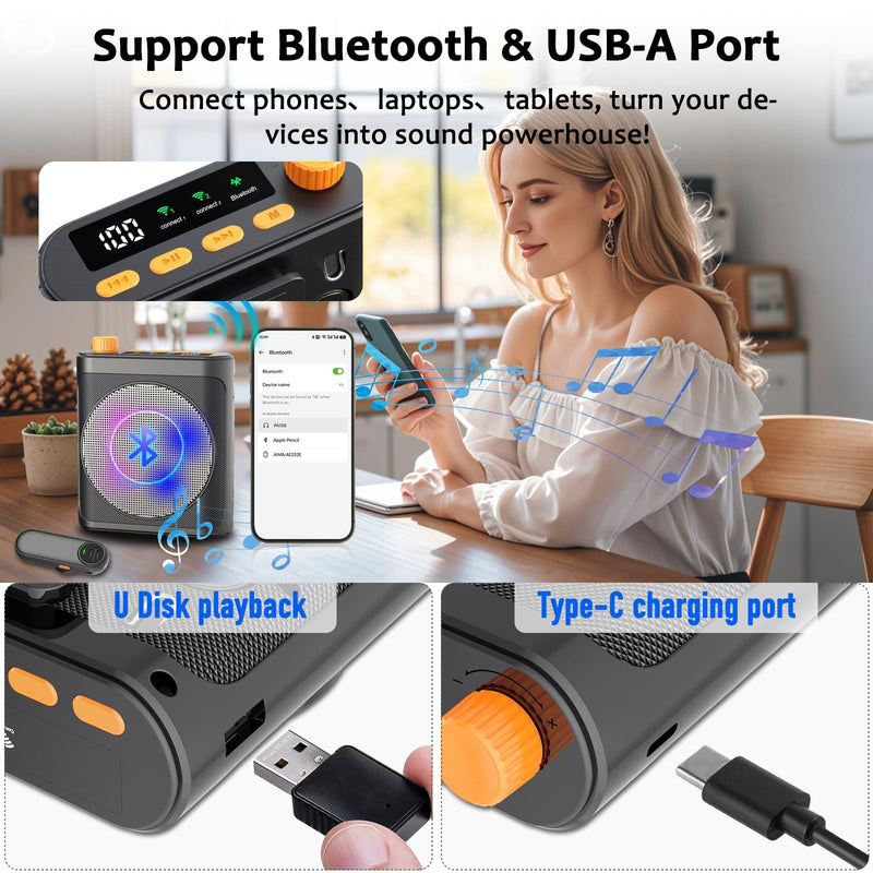 [AUSTRALIA] - Voice Amplifier Wireless Microphone with Magnetic Lavalier, Bluetooth Voice Amplifier for Teachers with 2 Mic, Rechargeable Portable Microphone Speaker for Classroom, Yoga, Meetings, Speeches 