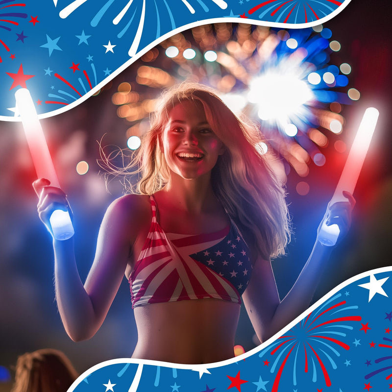 Fun Central LED Foam Sticks - 12 Pack, 16-Inch, 3 Light-Up Modes For Mardi Gras & St Patricks Day (Red/White/Blue) Red/White/Blue