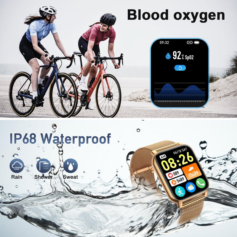 Smart Watch for Women Fitness Tracker: Gold Smart Watches for Women Digital Mens watches Make/Answer Call Waterproof Running Smartwatch Android Phone iPhone Samsung Compatible Heart Rate Monitor