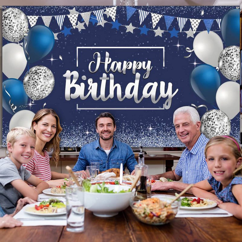 Happy Birthday Decorations Backdrop, Glitter Birthday Backdrop Sign, Happy Birthday Banner, Birthday Party Supplies Photo Background for Children Men Women, 72.8 x 43.3 Inch (Silver and Navy Blue) Silver and Navy Blue