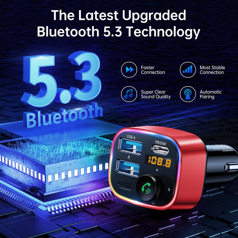 Syncwire Bluetooth 5.3 FM Transmitter Car Adapter 48W (PD 36W & 12W) [Light Switch] [Hi-Fi Deep Bass] [Fast Charge] Wireless Radio Music Adapter LED Display Hands-Free Calling Support USB Drive, Red