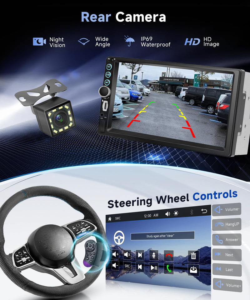7 Inch Double Din Car Stereo with Wireless CarPlay Android Auto You-Tube, Touchscreen Car Radio 2 Din with Backup Camera with Mirror Link Bluetooth FM USB EQ Type C Steering Wheel Control Appearance 2 Wireless CarPlay