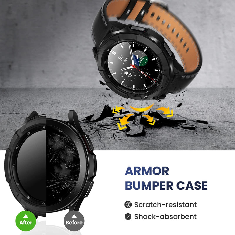 Goton 3 in 1 Accessories for Samsung Galaxy Watch 4 Classic 46mm, 1 Rugged TPU Armor Bumper Case Cover +2 Tempered Glass Screen Protector Films + 1 Bezel Ring for Galaxy Watch4 Classic 46mm Black For Galaxy Watch 4 Classic - 46mm