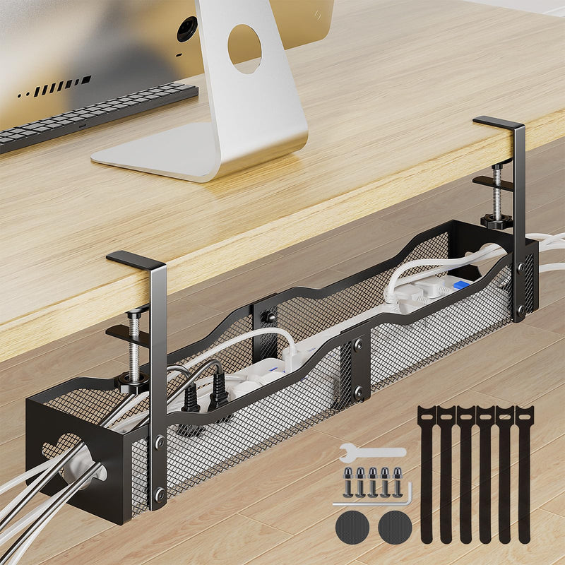 DELAMU 25'' Upgraded No Drilling Under Desk Cable Management Tray, Black | Under Desk Cable Management, Extra-Long, No Tools Required Installation, Height-adjustable, Home Office Gaming Accessories Glossy Black Extended