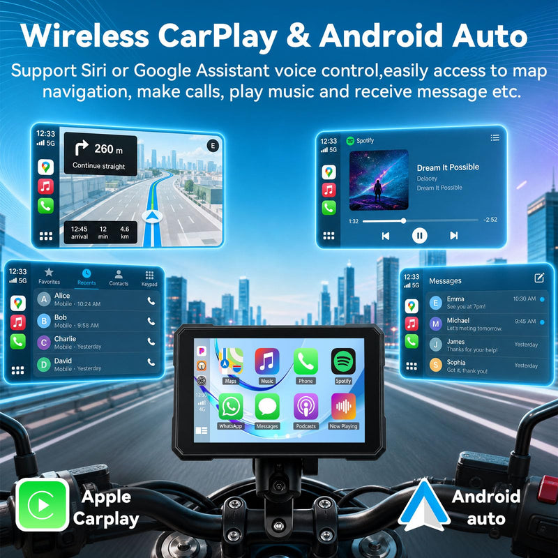SIXTOP 5 Inch Motorcycle CarPlay GPS Navigation System with Wireless Apple CarPlay Android Auto Waterproof Touch Screen Portable Car Play Moto, Support Bluetooth, Siri/Google Assistant Voice Control