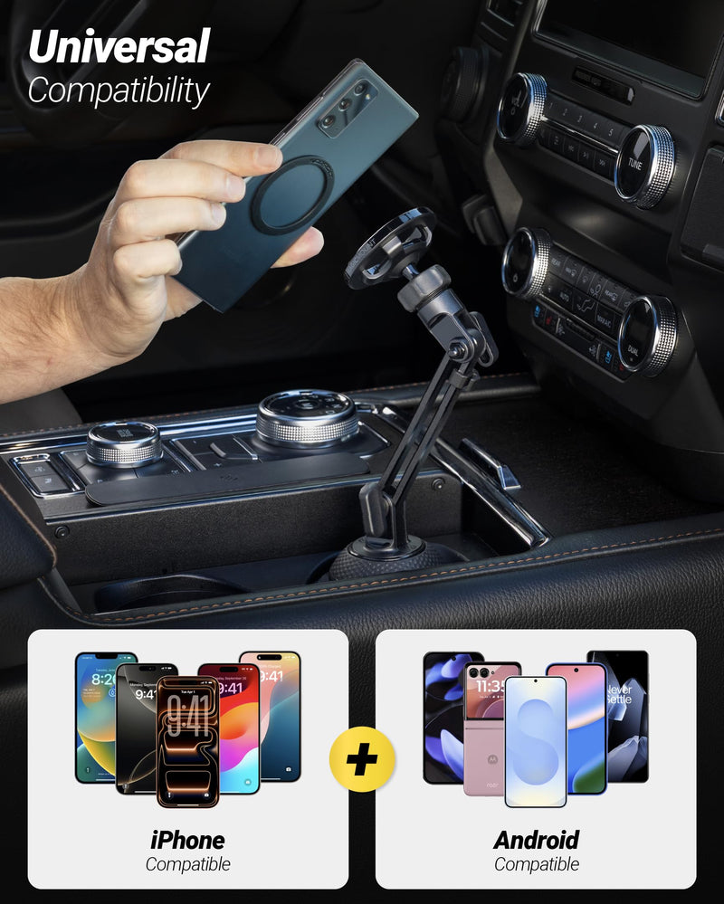 Scosche MagicMount Cup Holder Phone Mount with MagSafe, Adjustable Magnetic Car Mount with Stable Base and Flexible Arm, Compatible with PopSockets, iPhone 17 16 15 14 13, Includes MagSafe Ring 1 Pack