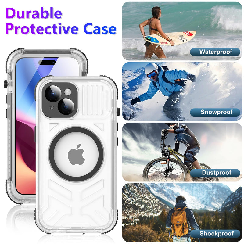 2024 Upgrade for iPhone 15 Case Waterproof,[Compatible With MagSafe][Built-in Screen&Camera Protector][Full Body Dropproof][IP68 Underwater][Clear Sound]Shockproof Phone Case 6.1"Black/Clear Black/Clear