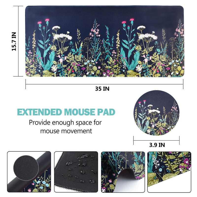 AIMSA Extended Gaming Mouse Pad, XL Large Keyboard Mouse Mat Desk Pad with Stitched Edges, Durable Non-Slip Base Mousepad for Home Office Work, 35x15.7inch ,Flowers Plants Flowers Plants