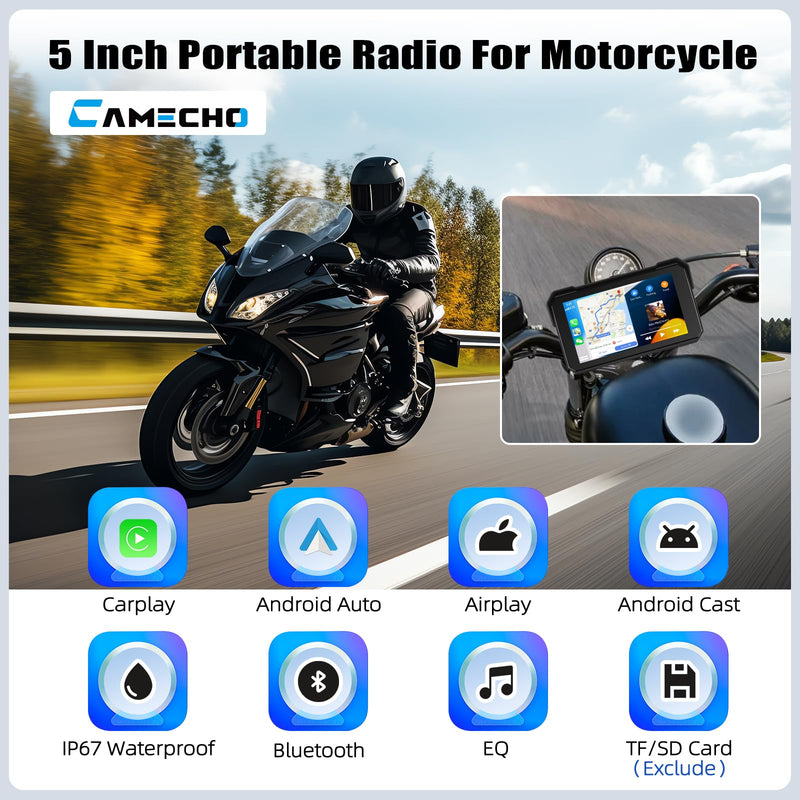 CAMECHO Portable Car Play Screen for Motorcycle, Wireless CarPlay & Android Auto for Motorbike, 5" IP68 Waterproof Touch Screen Motorcycle GPS Navigation System,Bluetooth, Support Siri USB TF EQ 12V 5 Inch+Tire Pressure