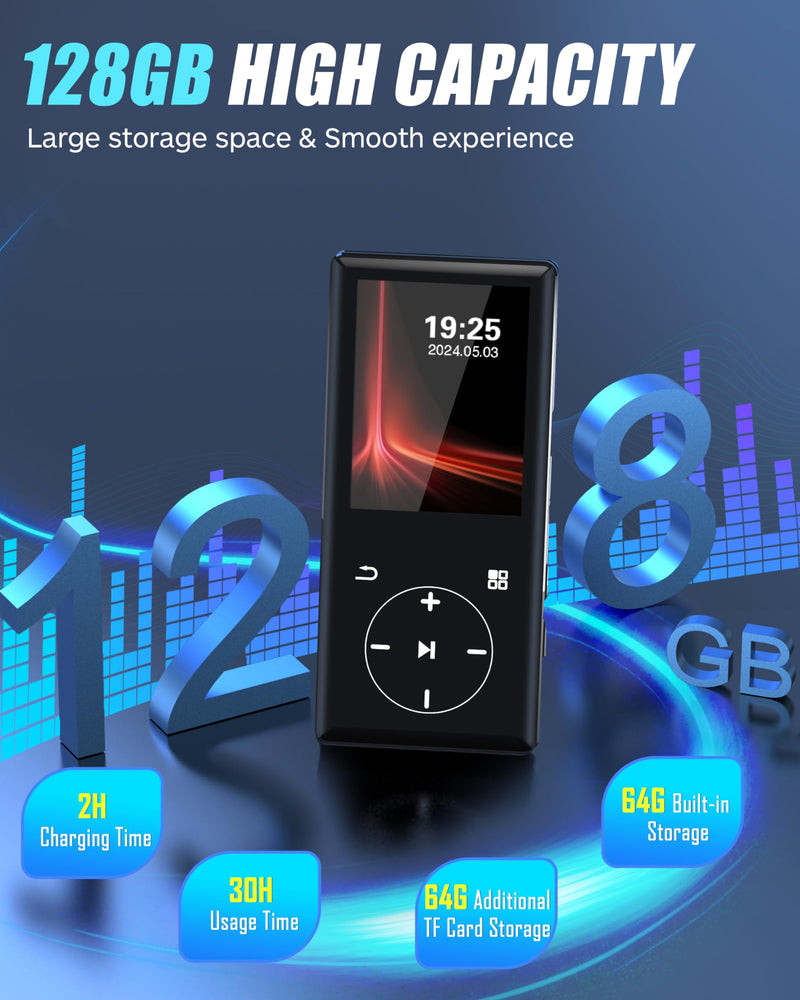 128GB MP3 Player with Bluetooth - Portable Mp3 Music Player with HiFi Speaker, 2.4" Screen MP3 Player with Voice Recorder, FM Radio, Touch Buttons,Support up to 256GB SD Card (Black) 128G