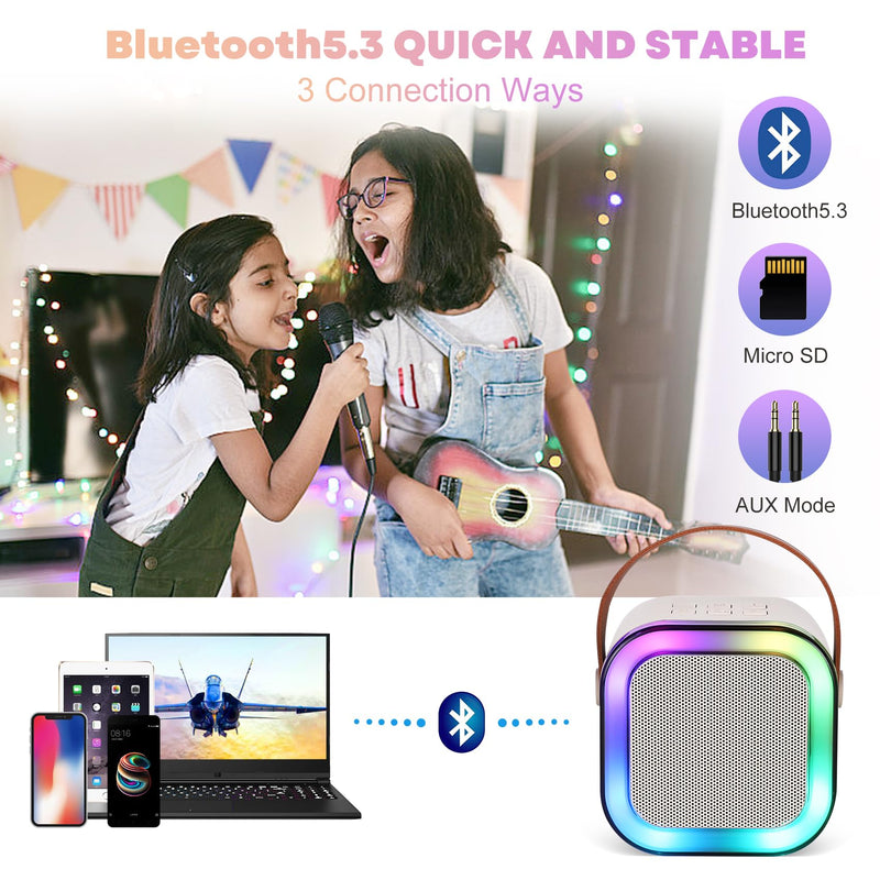 Mini Karaoke Machine, Portable Bluetooth Karaoke Speaker with 2 Wireless Microphones and Light for Family Home Party,Toys for Girls Boys Friends Age 3-12+ Kids and Adults Birthday Gifts. (Beige) white