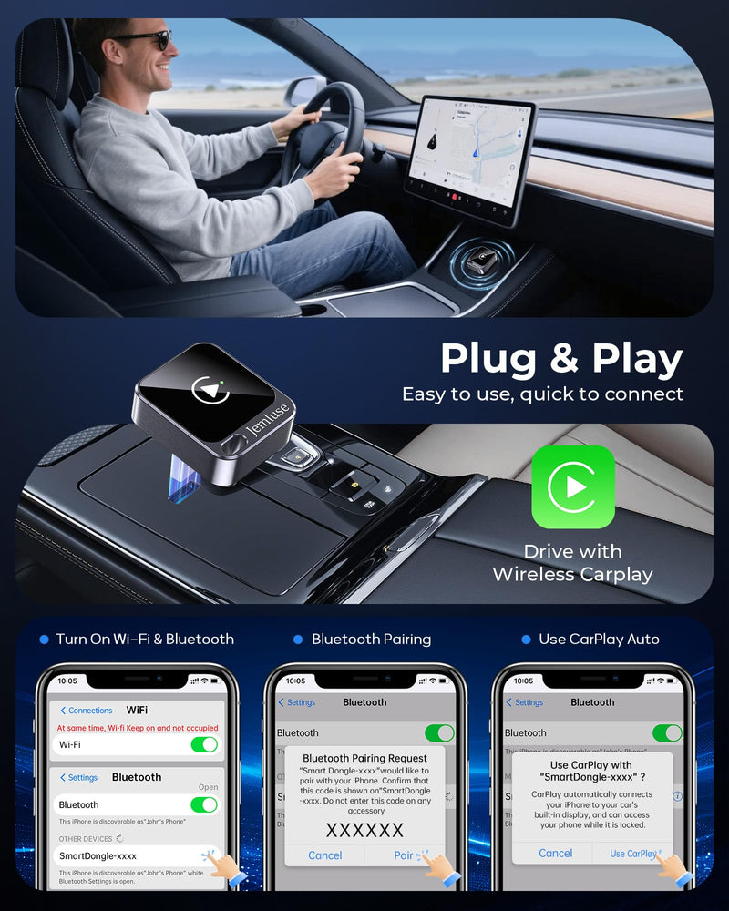 Jemluse Wireless CarPlay Adapter for Apple - Mini Size, Fast Stable Connection Convert Wired to Wireless Car Play Dongle for iPhone iOS 10+, Plug & Play for Cars from 2016+ w/USB-C (Grey) Grey