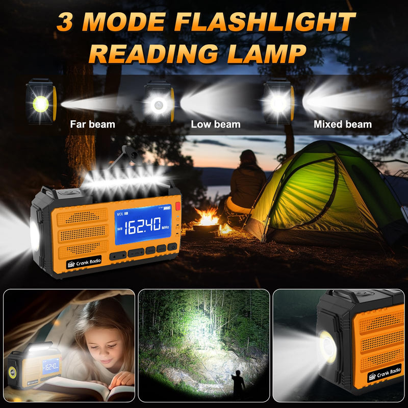 Emergency Weather Radio Solar Hand Crank Emergency Radio 37000mWh AM/FM NOAA Weather Radio with LCD Display 3 Mode Flashlight SOS Alarm Compass Headphone Jack for Winter Storm Emergency Orange